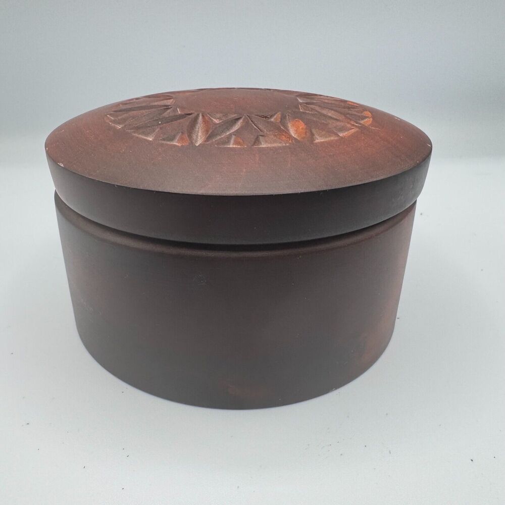 Carved Wood Trinket Lid Jewelry Box Brown 4.5" Diameter Made in Poland - Picture 4 of 6